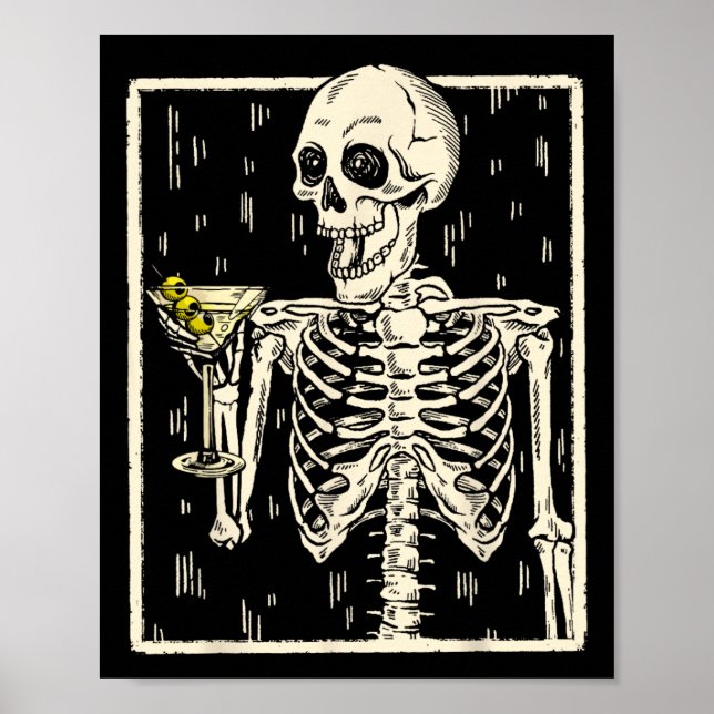 Poster Skeleton Bebendo Martini Tail Retro Halloween Cos (Frente)