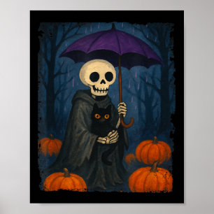 Poster Skeleton Black Cat Purple Umbrella Pumpkin Hallowe