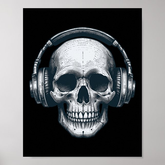 Poster Skeleton Dj Fones de ouvido Spooky Skull Musical H (Frente)