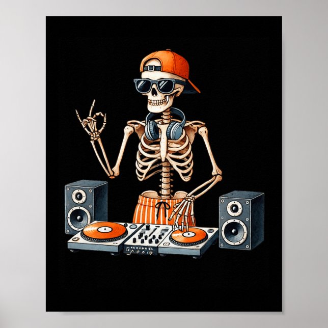 Poster Skeleton Dj Halloween Costume Turntable Music Funn (Frente)