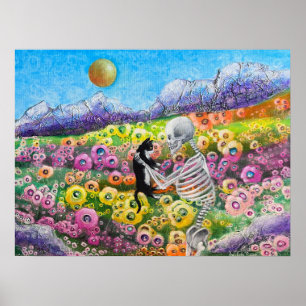 Poster Skeleton e Gato Tuxedo no Amor das Flores