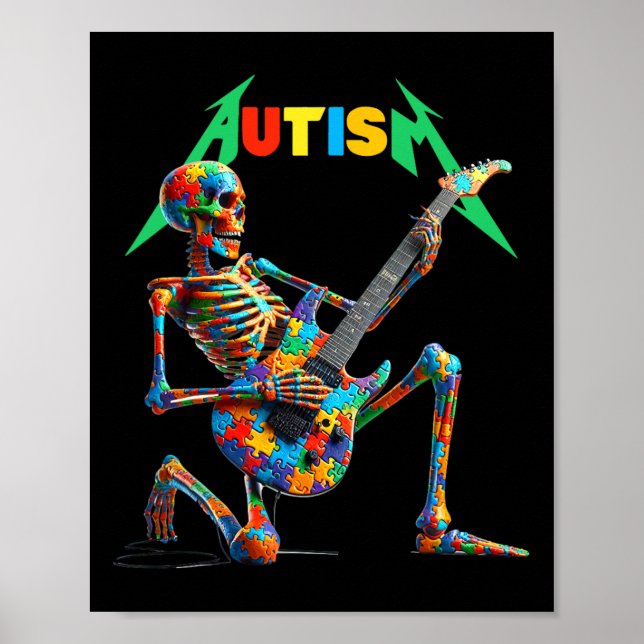 Poster Skeleton Guitar Player Rock Music Autismo Sensibil (Frente)