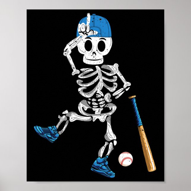 Poster Skeleton Halloween Vintage Jogando Baseball (Frente)