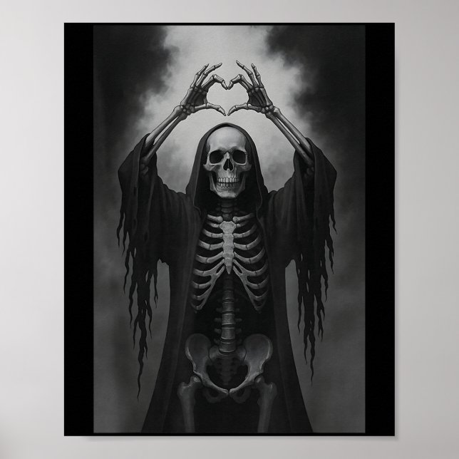 Poster Skeleton Hands Heart Sign Scary Face Funny Hallowe (Frente)