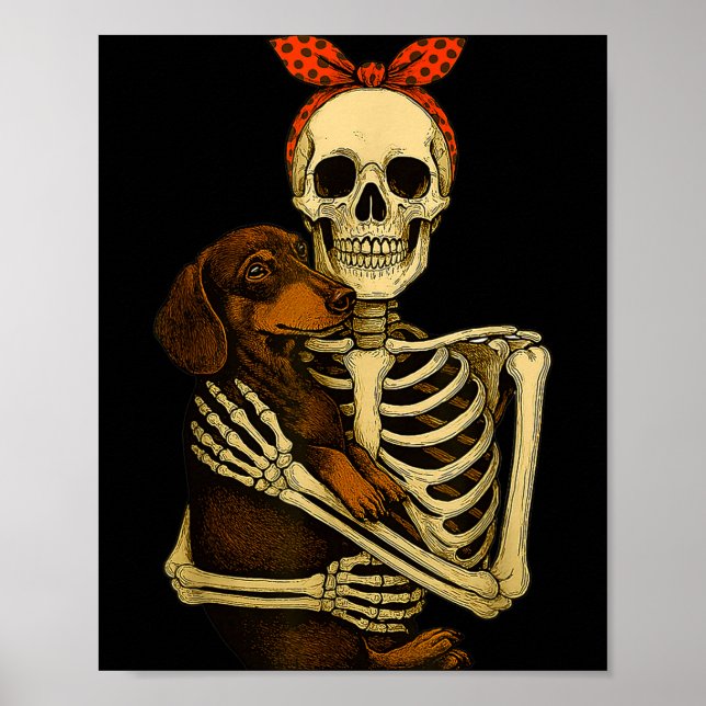Poster Skeleton Holding Dachshund Dog Funny Lazy Hallowee (Frente)