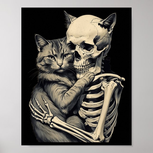 Poster Skeleton Hugging Cat Lover Halloween Tee Engraçado (Frente)