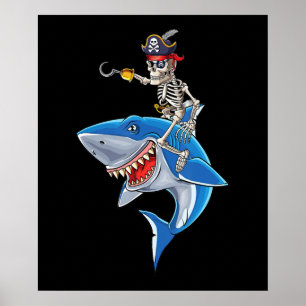 Poster Skeleton Pirate Riding Shark Cute Boys Halloween