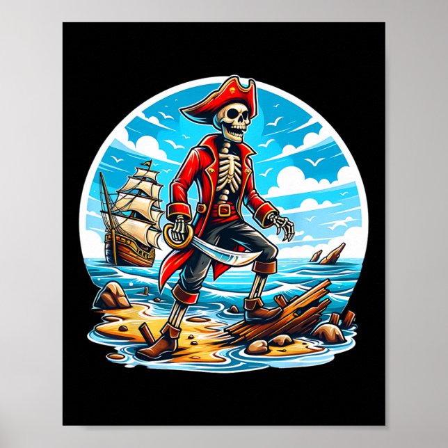Poster Skeleton Pirate Tee Skull Halloween Skeleton Pirat (Frente)