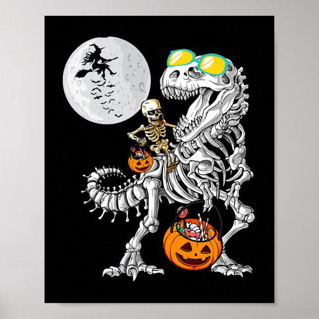 Poster Skeleton Riding Mummy Dinosaur T Rex Halloween (Frente)