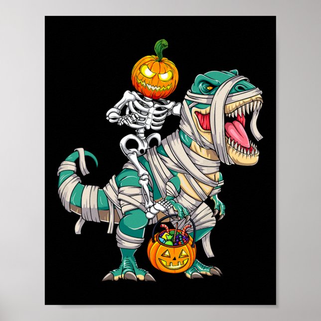 Poster Skeleton Riding Mummy Dinosaur T Rex Halloween (Frente)