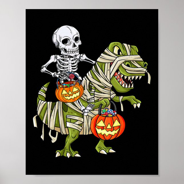 Poster Skeleton Riding Mummy Dinosaur T Rex Halloween (Frente)