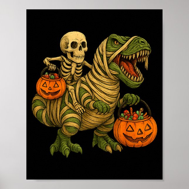 Poster Skeleton Riding Mummy Dinosaur T Rex Halloween Fun (Frente)
