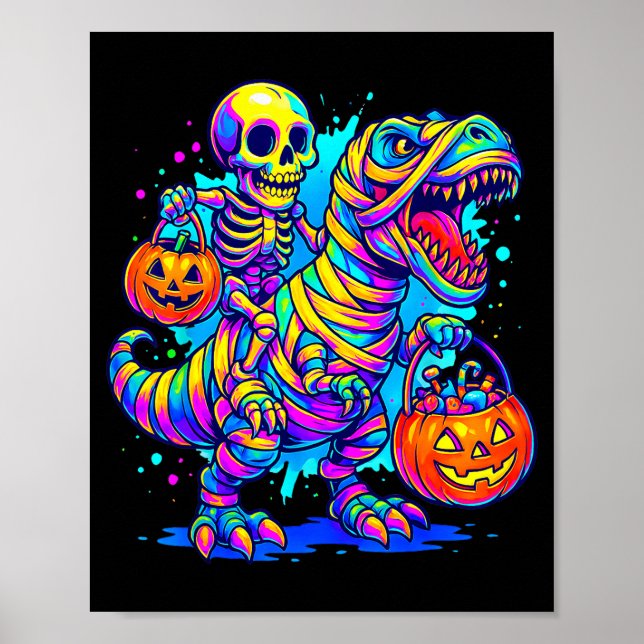 Poster Skeleton Riding Mummy Dinosaur T Rex Halloween Fun (Frente)