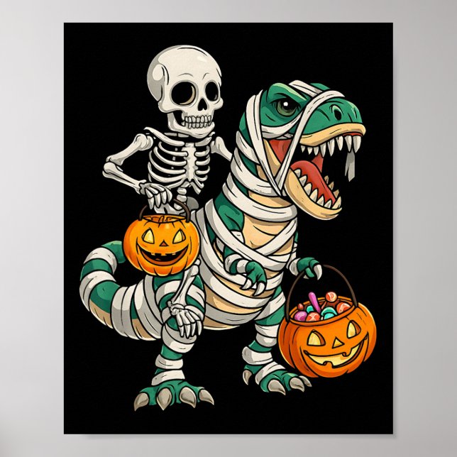 Poster Skeleton Riding Mummy Dinosaur T Rex Kids Men (Frente)