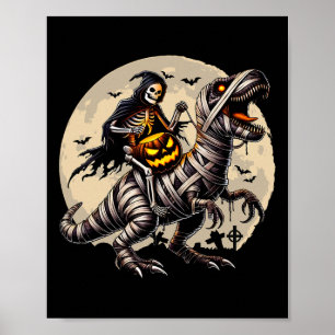 Poster Skeleton Riding Mummy Dinosaur T Rex Pumpkin Engra