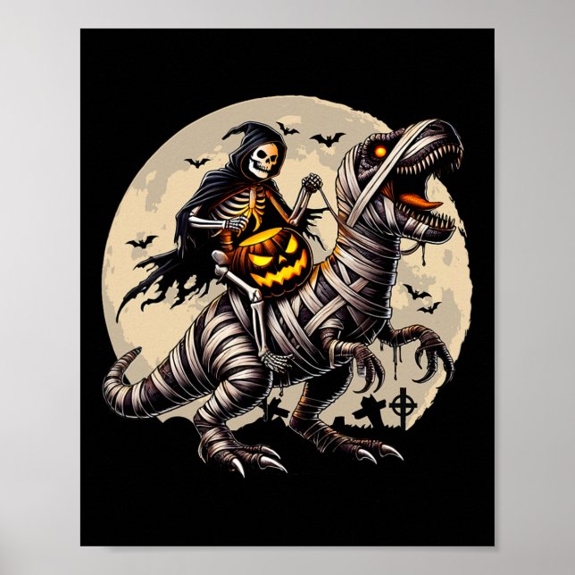 Poster Skeleton Riding Mummy Dinosaur T Rex Pumpkin Funny (Frente)