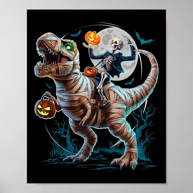 Poster Skeleton Riding Mummy Pumpkin T Rex Dinosaur Funny (Frente)