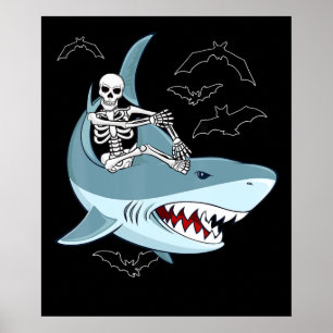 Poster Skeleton Riding Shark Dias de as Bruxas engraçados