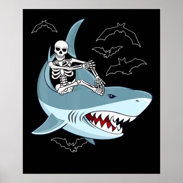 Poster Skeleton Riding Shark Dias de as Bruxas engraçados (Frente)