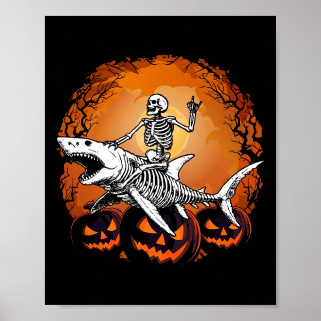 Poster Skeleton Riding Shark Lazy Halloween Costume Engra (Frente)