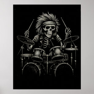Poster Skeleton Rock Drummer - Música Spooky Halloween