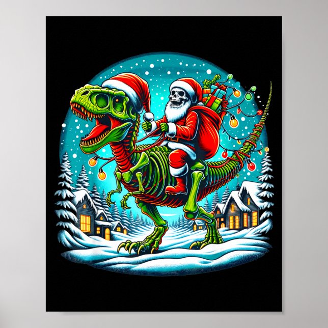 Poster Skeleton Santa Riding T Rex Dinosaur Funny Christm (Frente)