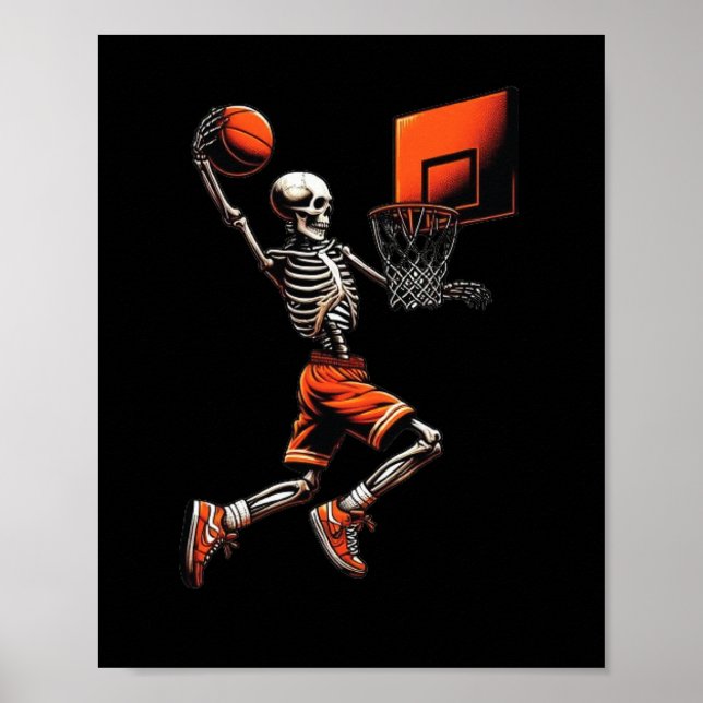 Poster Skeleton Sketll Player Dunking Hoop Halloween Vint (Frente)