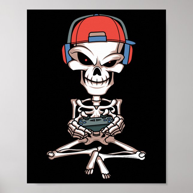 Poster Skeleton Skull Vídeo Jogador de Halloween (Frente)