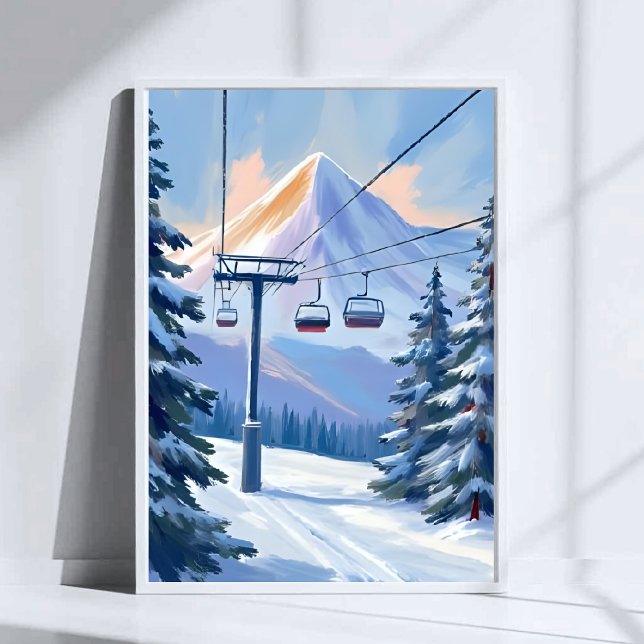 Poster Ski Lift | Mountain Winter Watercolor Skiing (Criador carregado)