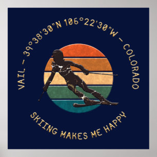 Poster Ski Vail, Colorado - Woman Skier, Texto de Ouro