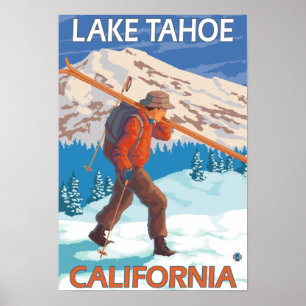 Poster Skier Carregando Snow Skis - Lake Tahoe, Califórn