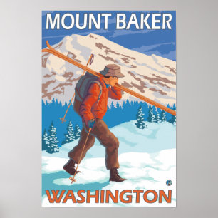 Pôster Skier Carregando Snow Skis - Mount Baker, WA