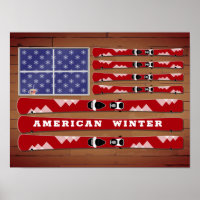 Skis e Snowflakes USA Flag com Wood Wall