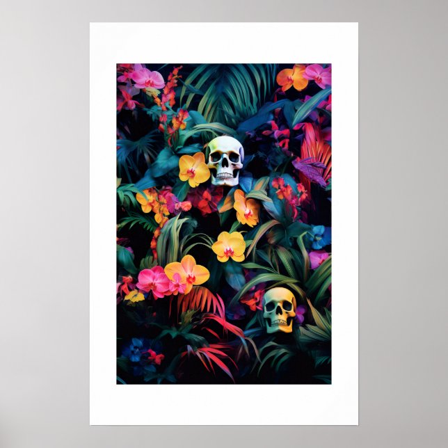 Poster Skull Neon Jungle | Flores Orquídeas (Frente)