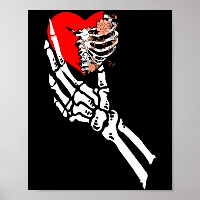 Poster Skull Skeleton Hand Holding Red Heart Love Valenti (Frente)