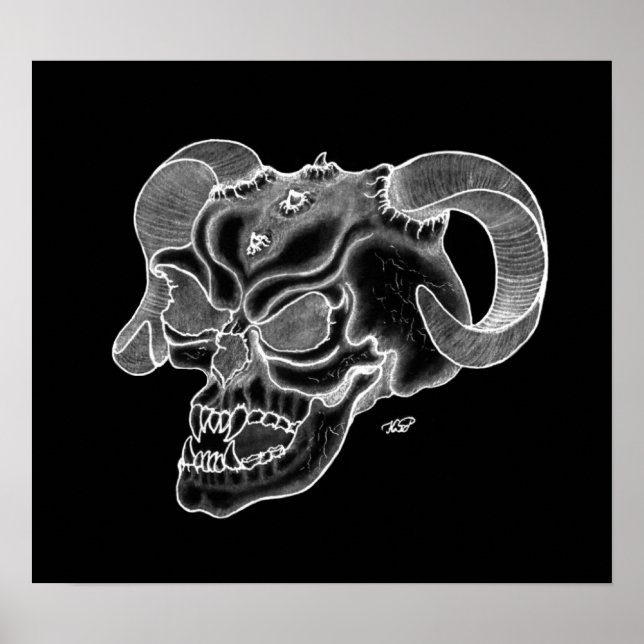 Poster Skull Teufelschädel schwarz weiß Zeichnung (Frente)