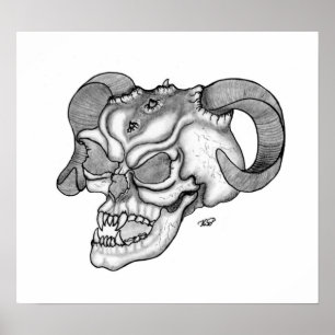 Pôster Skull Teufelschädel schwarz weiß Zeichnung