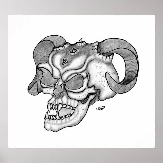 Pôster Skull Teufelschädel schwarz weiß Zeichnung (Frente)