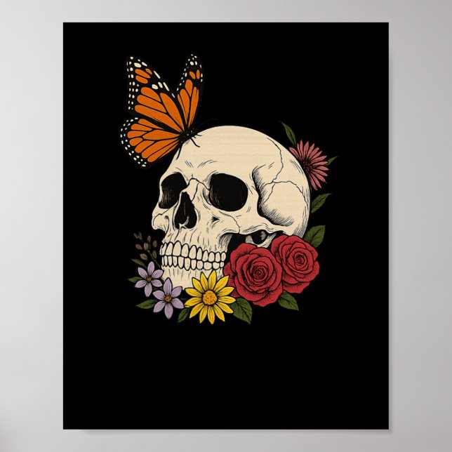 Poster Skulls Monarch Butterfly Flowers Halloween Men Wom (Frente)