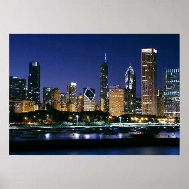 Poster Skyline Centro Chicago à noite (Frente)