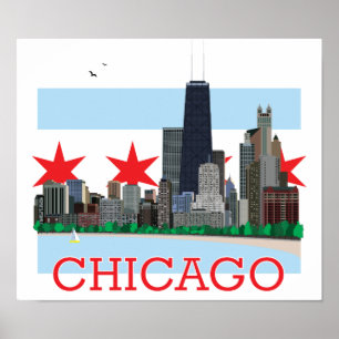 Poster Skyline de Chicago e bandeira da cidade