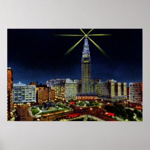 Pôster Skyline de Cleveland Ohio na noite