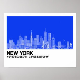Poster Skyline de Nova York + Coordenadas em Blue Backgr.