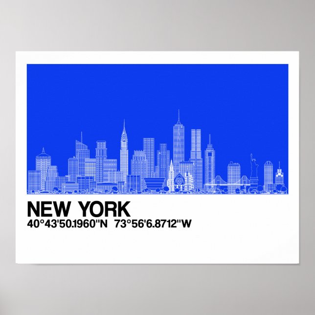 Poster Skyline de Nova York + Coordenadas em Blue Backgr. (Frente)