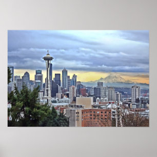 Pôster Skyline de Seattle na névoa e na chuva