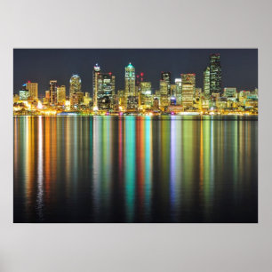 Poster Skyline de Seattle na noite com reflexão