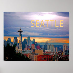 Pôster Skyline de Seattle Washington no TEXTO SEATTLE do