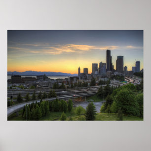 Poster Skyline do centro de Seattle no por do sol