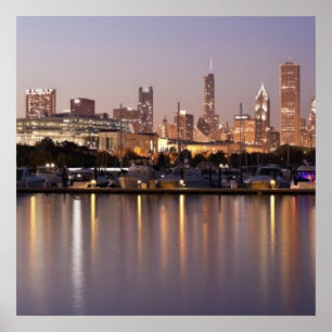 Pôster Skyline dos EUA, Illinois, Chicago no crepúsculo
