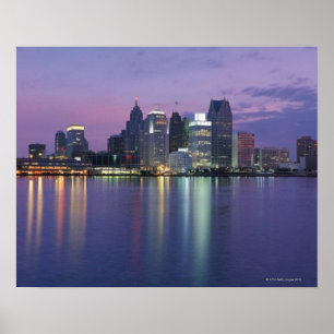 Pôster Skyline dos EUA, Michigan, Detroit, noite